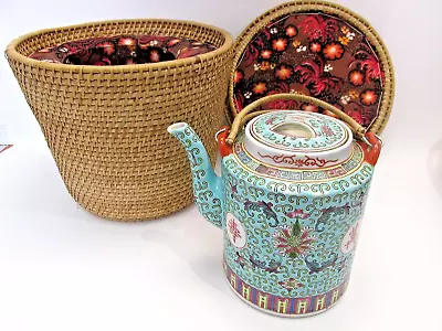 Buy Chinese Mun Shou Porcelain Teapot & Basket • 50£