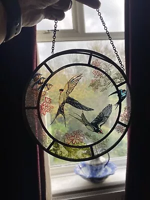 Buy Cicular Painted Glass Suncatcher Swallows Leaded To Hang Art Birds • 15£