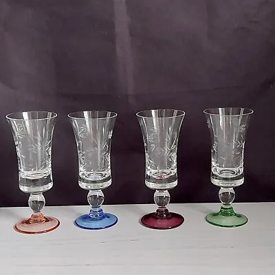 Buy Vintage Sherry Liqueur Glass X4 Etched Glass Floral Multicolour Bases Home Bar • 20£