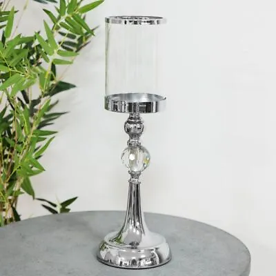 Buy Tall Silver Chrome Metal & Glass Candle Holder Hurricane Lamp 41cm Wedding Table • 17.99£