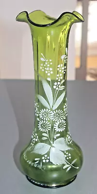 Buy Antique Green Bohemian Glass Lily Of The Valley 'Mary Gregory' Style Tall Vase • 12.99£