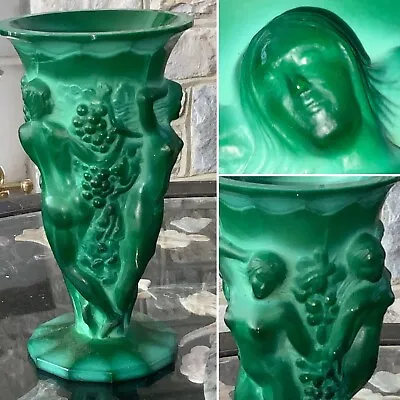 Buy RARE LGE Art Deco HOFFMANN 8.5” Green Malachite Glass Vase Nudes LALIQUE MOULD • 295£