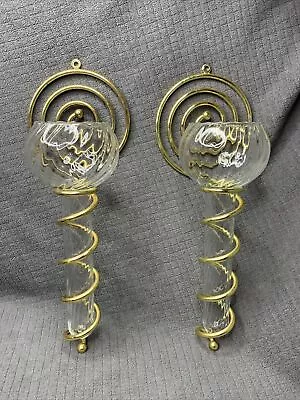 Buy Vtg Pair 2 Spiral Olympia Wall Sconces Brass Blown Glass Floating Candle Holders • 30.88£