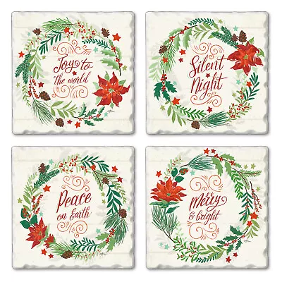 Buy Joyous Wishes Peace Joy Christmas Tumbled Tile Stoneware Coasters Set Of 4 • 15.36£