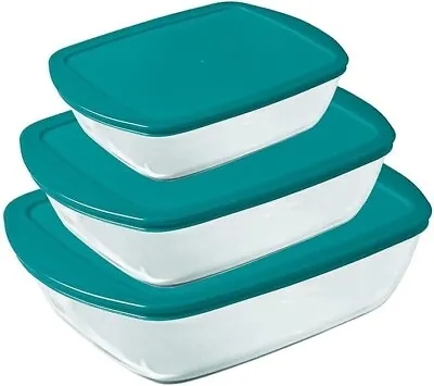 Buy Pyrex Container 3 Pc Set Storage Kitchen Glass Dish Lid 0.4L-2.5L Blue/turquoise • 22.95£