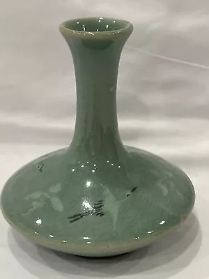Buy Vintage Korean Pottery Celadon Green Glaze Long Neck Mini BUD Vase W Cranes ASIA • 42.63£