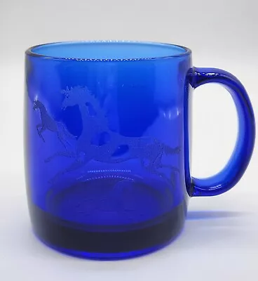 Buy Vintage Cobalt Blue Glass 12oz Coffee Tea Mug Galloping Horse Mountain Sun USA • 18.97£