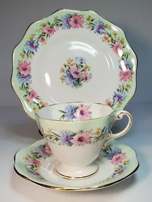 Buy EB Foley Cornflower Teacup Saucer & Plate Floral Green Blue Pink England Footed • 28.41£
