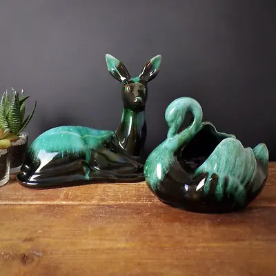 Buy Blue Mountain Pottery Swan Deer Set Canada Ornament Vintage Retro Figurine Used • 28£