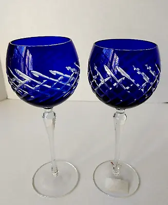Buy Vintage Handmade Stemware Cobalt Cut To Clear Crystal Glass Wine Goblets 9.25 In • 67.15£