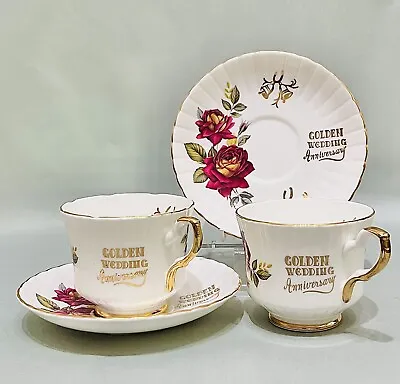 Buy Vintage Royal Stafford Bone China Golden Wedding Anniversary Teacup & Saucer X 2 • 19£