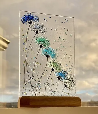 Buy Whimsical Handmade Fused Glass Art Blues Flower Picture & Oak Stand • 34.99£