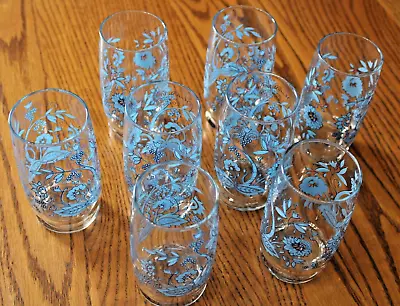 Buy Set Of 8 Anchor Hocking Water Tumblers 12 Oz Clear Blue Floral NOS 1980's • 17.98£