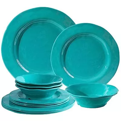 Buy BPA-Free Melamine Dinnerware Sets, 12 Piece Melamine Plastic Plate & Bowl Teal • 55.42£