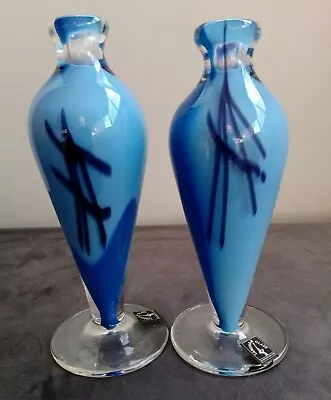 Buy Pair Of Small Oriental Themed Single Stem Langham Glass Blue Bottle Shape Vase • 29.50£