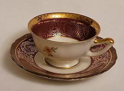 Buy Atq Thomas Bavaria Germany Floral Maroon & Gold Porcelain Cup & Saucer Set 1939- • 36.94£