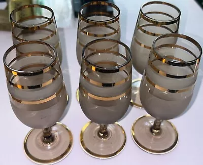 Buy (6) Vintage Bohemian Aperitif Gold Trimmed Brown Frosted Cordial Glasses 3 Oz • 33.57£