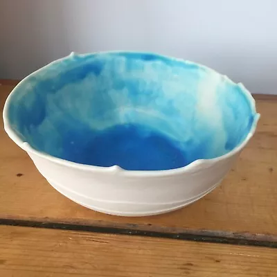 Buy Hand Thrown Studio Pottery Water Splash Effect Bowl. White With Blue Porcelain • 15£