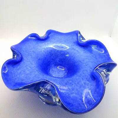 Buy Art Glass Bowl Blue Marbled Flower Shape Hand Blown Ornament Home Birthday Gift • 24.95£