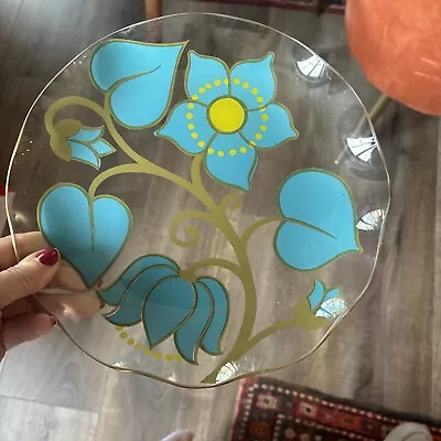 Buy Vintage 1960’s Chance Glass Plate Floral Turquoise  Yellow Psychedelic • 17.50£