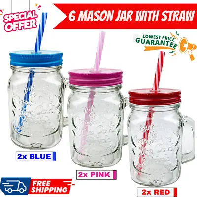 Buy 6 Mason Jar Glasses 500ml W/ Handles, Lids, Straws - Stylish For Summer Parties! • 14.99£