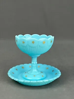 Buy Portieux Vallerysthal Blue Opaline W/Gold Stars Champagne/Tall Sherbet + Plate • 118.58£