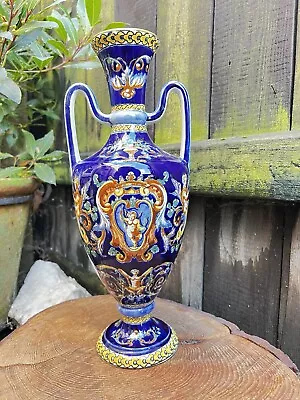 Buy Antique French GIEN FAINCE POTTERY VASE Twin Handle Armorial Cartouche Cherub • 164.97£