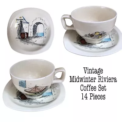 Buy Vintage MCM Coffee Set Midwinter Riviera 14 Piece White Blue Black Porcelain VGC • 105£