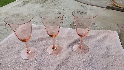 Buy Vintage Pink Depression Footed Glass Ivy Floral Etched 6.5   High Set Of 3 • 20.87£