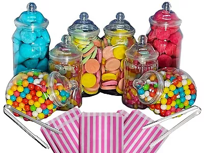 Buy 8 Assorted Plastic Sweet Jars 2 Tongs 50 Bags TWO STYLES OF LID Candy Buffet • 13.74£
