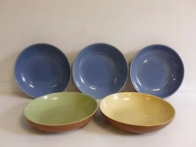 Buy Denby Ware Pasta Bowls X 5 Mixed Colours 1 Green, 1 Oatmeal, 3 Blue  • 12.99£