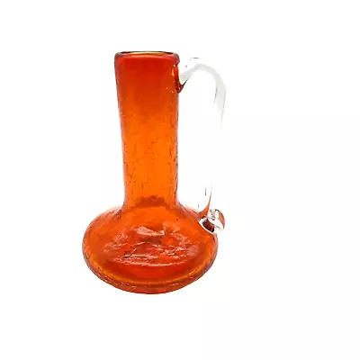 Buy VTG Orange Hand-Blown CRACKLE Art-GLASS Bud Vase Applied Clear Handle 4.5  Tall • 15.13£