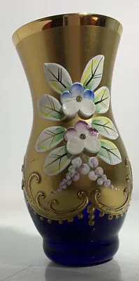 Buy Vintage Bohemian Blue And Gold Glass Vase. Hand Painted  Made In Czechoslovakia. • 12£