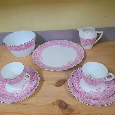 Buy Pretty Antique Victorian Pink & White 9 Piece Tea Set For 2 • 14.99£