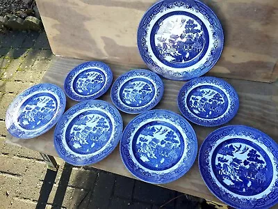 Buy Vintage Churchill China Willow Pattern Plates Set 8 Eight 7  8  10  See Pictures • 89.95£