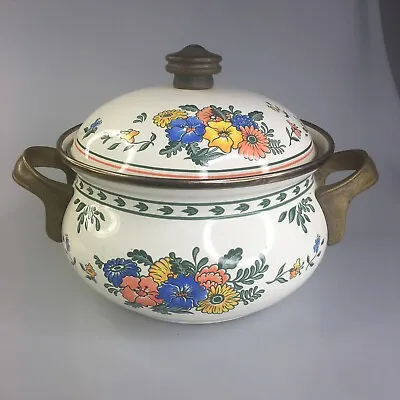 Buy Vintage 1980s M. Kamenstein Brass Handles Floral Enamel 7” Cookware Pot Heavy • 44.42£