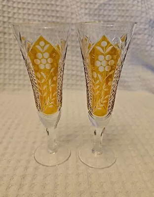 Buy Stunning  Champagne Wine Flute Amber Gold Cut To Clear Crystal  Bohemian Lot • 52.06£