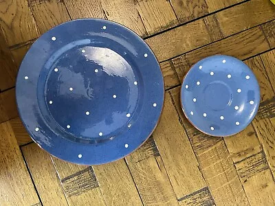 Buy Vintage Dartmouth Pottery Devon Blue And White Spot Plates. • 4.99£