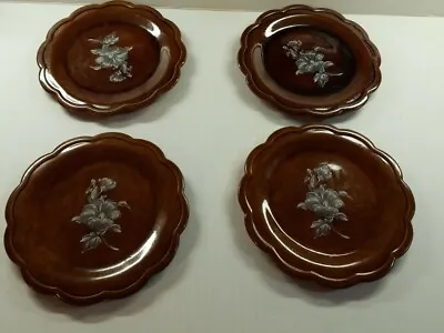 Buy 4 Vtg 1974 Hand Painted Floral Brown Scalloped Edged Salad Plates 9   • 17.43£