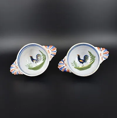 Buy Vintage H B Quimper Rooster Chicken Porringer Pair French Faience Pottery Bowls • 42.52£