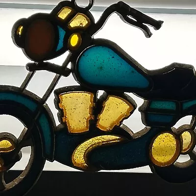 Buy Vintage Stained Glass Sun Catcher Motorcycle, Aqua Blue & Yellow/Cream • 9.68£