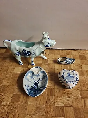 Buy Hand Painted Delftblue Cow Creamer Jug And Extra. 4 Things In Total  • 5£