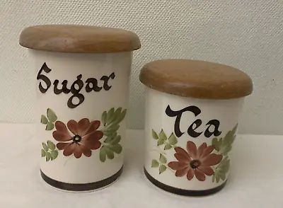 Buy Babbacombe Pottery Storage Jars - Sugar +Tea Hand Painted Flowers + Wood Lids • 15.99£