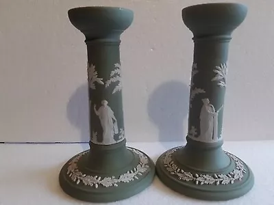 Buy Antique Wedgwood Jasperware Neoclassical Green Candle Sticks Pair Tall Vgc • 49.99£