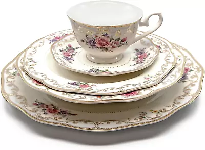 Buy  Romantic Bloom  5-Piece White And Gold Floral Dinnerware Set, Gold-Plated, Bone • 91.26£