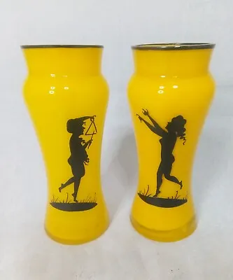 Buy Art Deco Pair Bohemian Czech Tango Glass Vases Enamel Painted Silhouette C.1930s • 200£