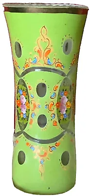 Buy Beautiful Antique Bohemian Glass Vase Green With Roundels & Floral Sprays • 48£