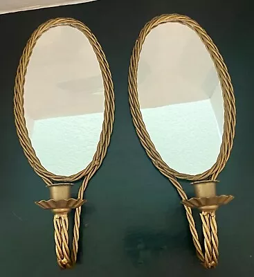 Buy VTG 2 Gold Metal Twisted Rope Oval Mirror Wall Sconces Candle Holders 13” X 5.5” • 28.81£