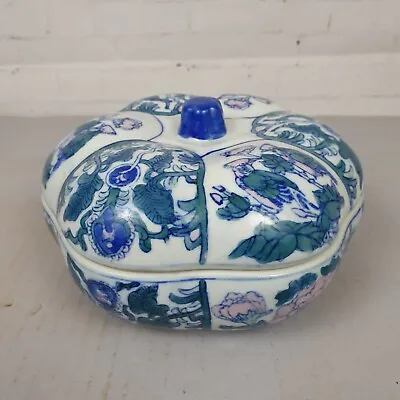 Buy Vintage  Chinese Blue & White Decorated Pumpkin Shaped Ginger Jar, Lidded Pot • 19.99£