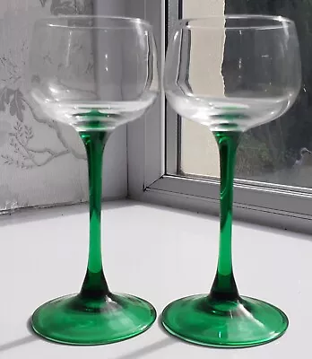 Buy Set 2 X Retro Vintage 1970's Luminarc France Long Green Stem Hock Wine Glasses • 11.99£